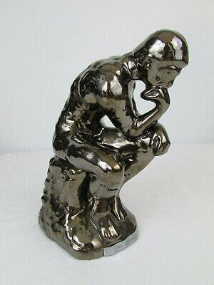 The Thinker Figure Vintage Metallic Glazed Ceramic Sculpture Statue 11" Tall