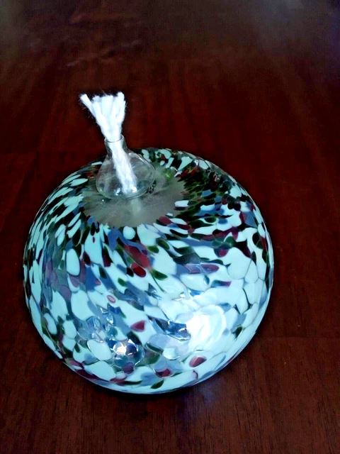 Studio Art Glass Iridescent Green Red Round Oil Lamp w Wick Insert