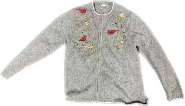 Croft & Barrow Cardigan Sweater Embroidered Birds Cardinal Zip Silk Blend Sz 1X