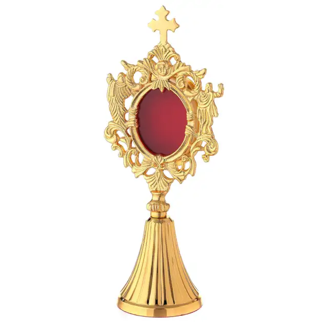 Reliquiario angeli ottone dorato teca ovale 22 cm