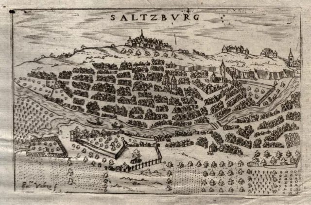 Salzburg Gesamtansicht Vogelschau Original Kupferstich Valegio 1713