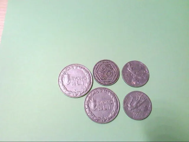 Italien, 5 Münzen 3 x 20 Centimes, 2 x 1 Lire, Umlaufmünzen.