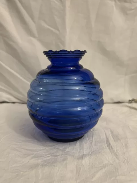 Vintage Usa Cobalt Blue Glass Vase Round Beehive Form Ribbed Scalloped Edge 2 00 Picclick