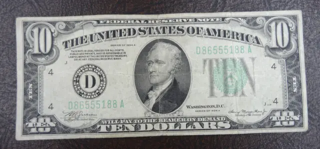 1934 A $10 Ten Dollar Bill Green Seal Circulated United State Note Currency