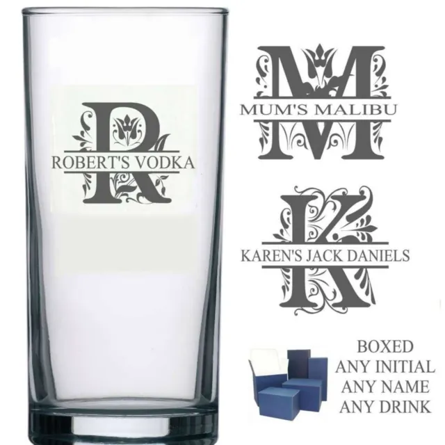 Personalised Engraved VODKA GIN MALIBU GLASS MONOGRAM INITIAL NAME AND ANY DRINK