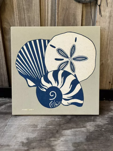 Vintage MARUSHKA Sand Dollar Nautilus Shell Canvas Screen Print Wall Art Coastal