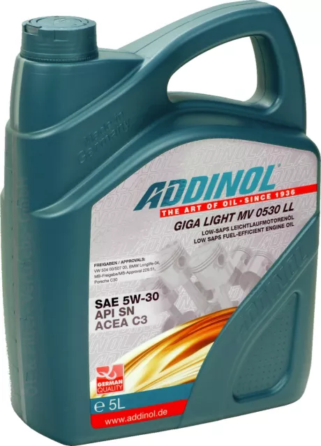 ADDINOL Giga Light MV0530LL 5 Liter (7,34€/L) 5W-30 Synthetic Motoröl API SP 5L