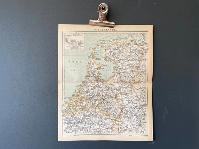 Rara stampa antica della mappa Brockhaus dei Paesi Bassi del 1900...
