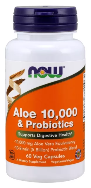 Now Foods Aloés 10,000 & Probiotiques 10-Strain Mélange 60 Végétarien Capsules