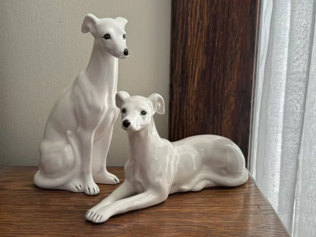 Vintage Pair Of Ceramic White Whippet Greyhound Dog Figurines Statue MCM Elegant