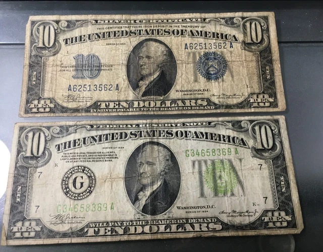Two 1934 Ten Dollar Bills, 1 Silver Certificate Blue Seal & 1 FRN Green Seal !!! 2