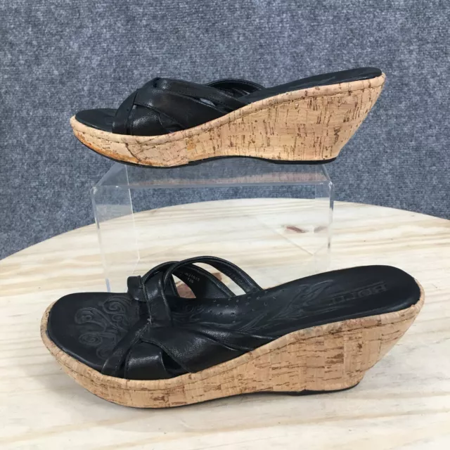 Born Sandals Womens 8 Open Toe Wedge Heels Cork CAsual Black Leather Slip On