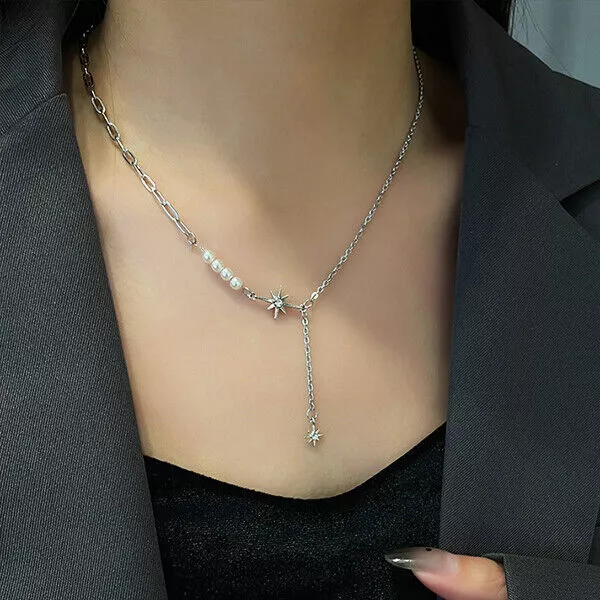925 Silver Filled 2-Star Pendant Chain Necklace Womens Girls Jewelry Choker 2023
