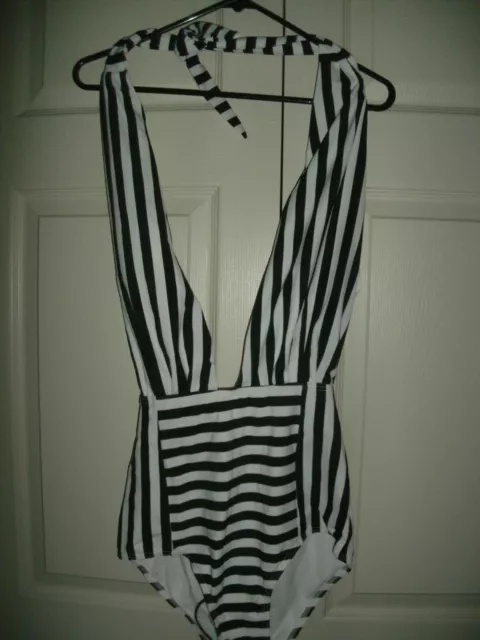 NEW Womens Swimsuit sz L one piece black white stripe halter backless high waist