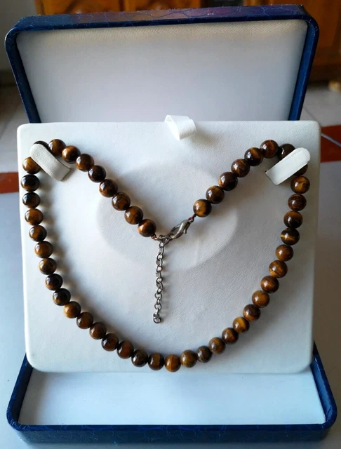 Collier Fantaisie Perles Oeil De Tigre - Longueur 38 Cm - Pierre Naturelle Marron Et Jaune