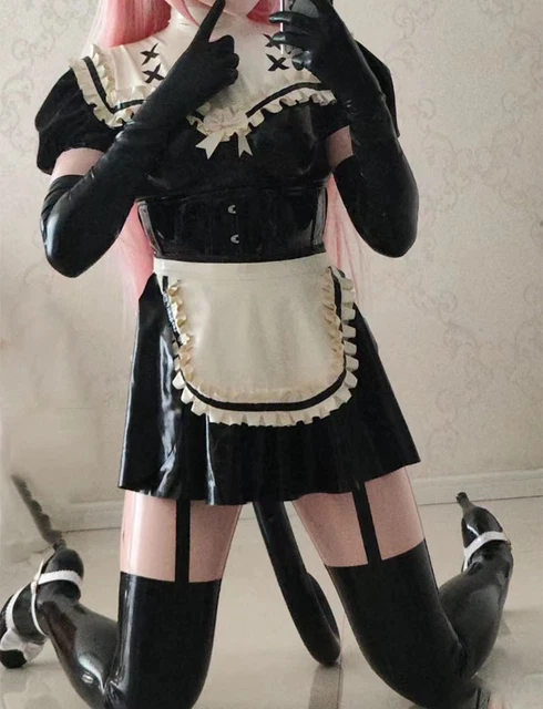 BLACK LATEX RUBBER Uniform Maid Dress with Ruffles and Apron&Tail BDSM ...