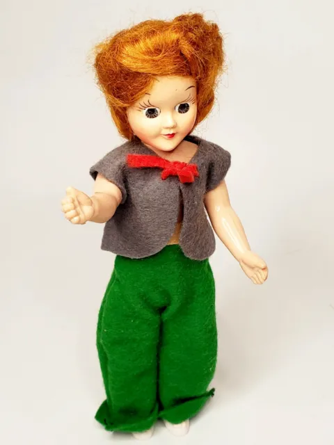 Vtg Mid-Century Sleepy Eyes Doll Red Hair Hand Made Clothes 7.5 " Plastic