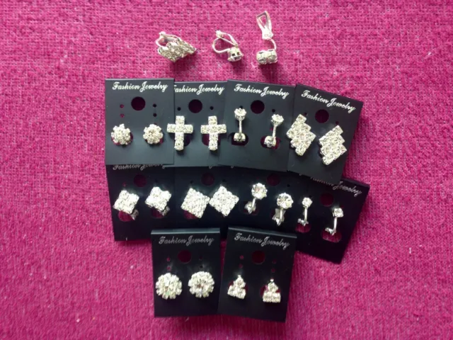 JOBLOT-10 pairs of CLIP ON crystal diamante earrings.Silver plated.UK handmade.