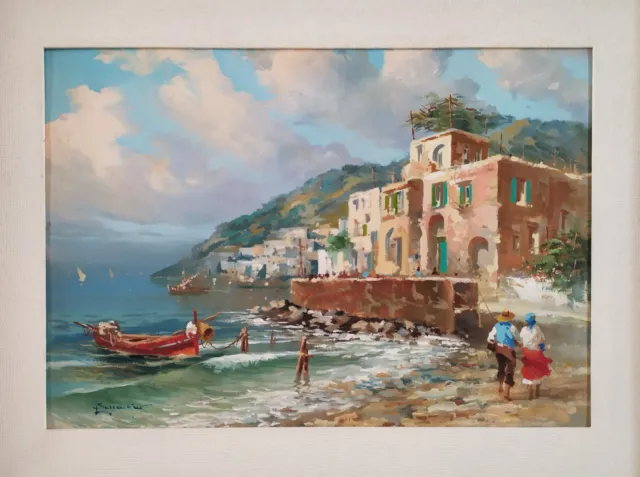 Village Italien au Bord de la Mer Paysage Côtier Peinture Huile originale signée