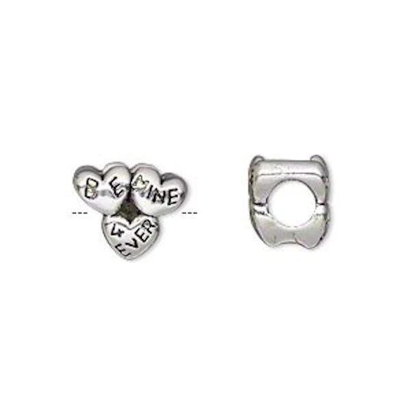 1 Antiqued Silver Plated Pewter 12x9mm Be Mine 4 Ever Heart Bead with 5mm Hole