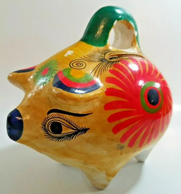 Vintage Mexican Folk Art Pig Piggy Penny Coin Bank Still Colorful Flower 7" Tall 2
