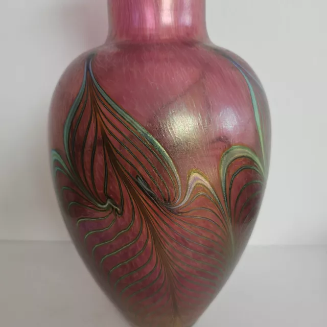 Robert Held Art Glass Pulled Feather Red Iridescent Vase Peacock Unmarked