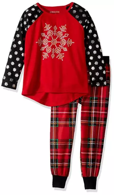 Komar Kids Girls' Big Snowflake Holiday Plaid Jogger Sleep Set, Red Plaid, XS