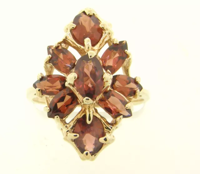 Beautiful Natural Garnet & Solid 10K Yellow Gold Flower Cocktail Ring