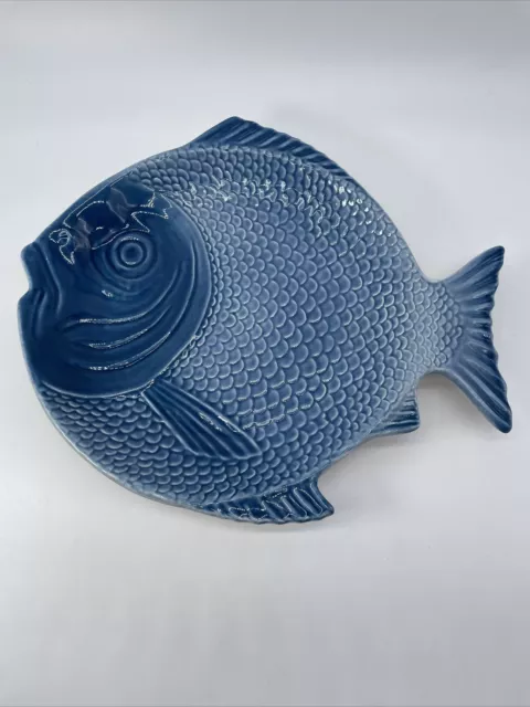 11” Faiobidos Portugal Portuguese Ceramic Blue Fish Dish Plate Blue Hand Painted
