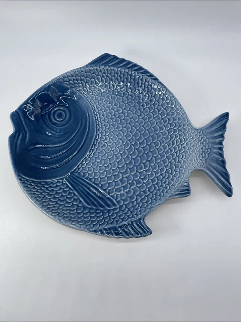 11” Faiobidos Portugal Portuguese Ceramic Blue Fish Dish Plate Blue Hand Painted