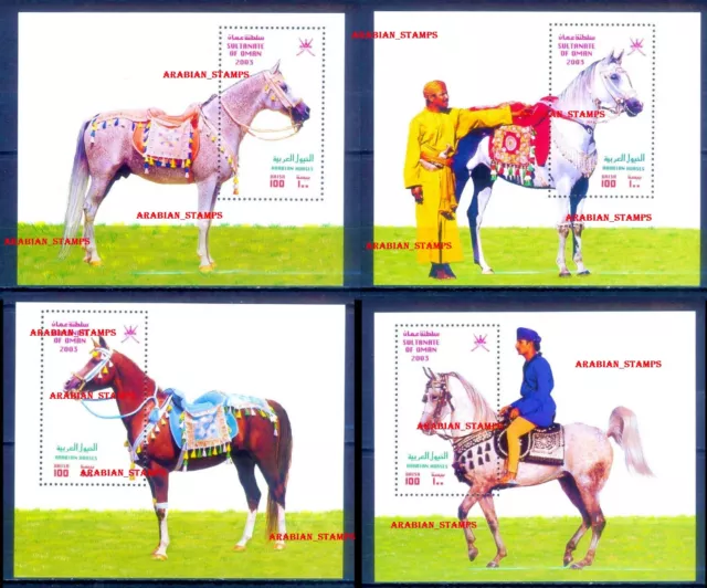 Oman 2003 Caballos Árabes Conjunto Completo De 4 Hojas De Recuerdo Sin Montar O Nunca Montado Caballo