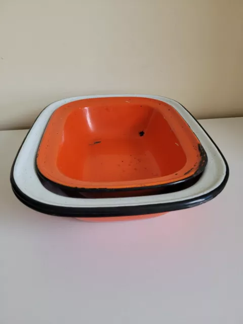 lot of 3 x Vintage Enamel pans baking dish rectangle retro orange