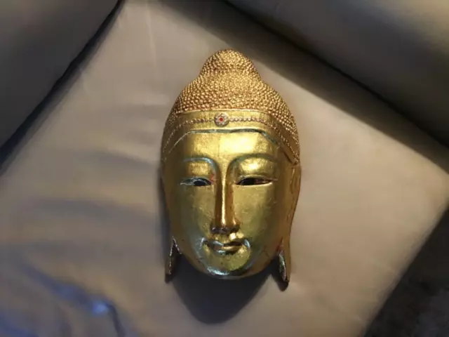 Gold Buddha Mask Wall sculpture Hand Carved Wood Bali Art 12 x 7 x 4”