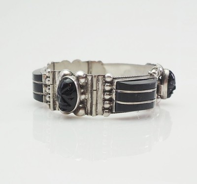 CMR Stupefacente Argento D'Epoca Onice Nera Intagliato Azteco Viso Bracciale CMR 