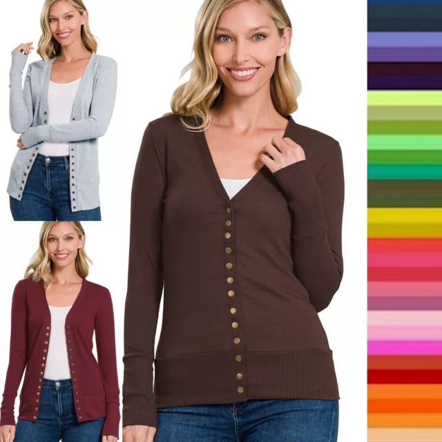 Snap Button Front V Neck Long Sleeve Sweater Cardigan Ribbed Details HW-2039 2