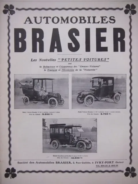 Publicité De Presse 1909 Automobiles Brasier Petites Voitures - Advertising