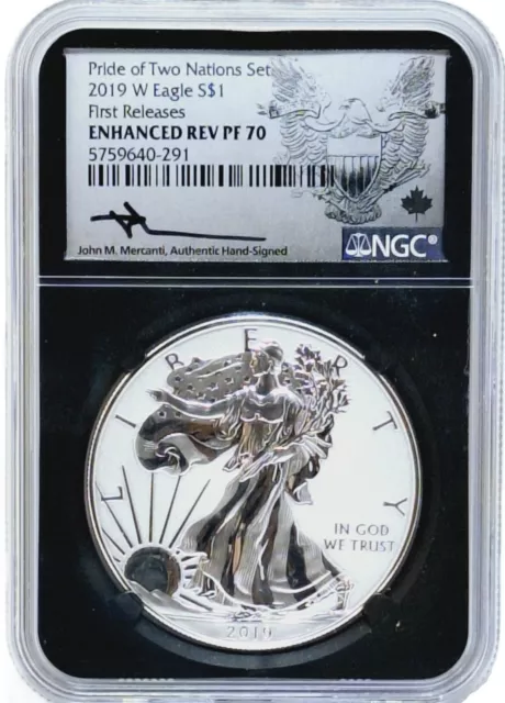 2019-W Enhanced Reverse Proof Silver Eagle 💎 Mercanti Signed 👌 Ngc Pf70 🇺🇸