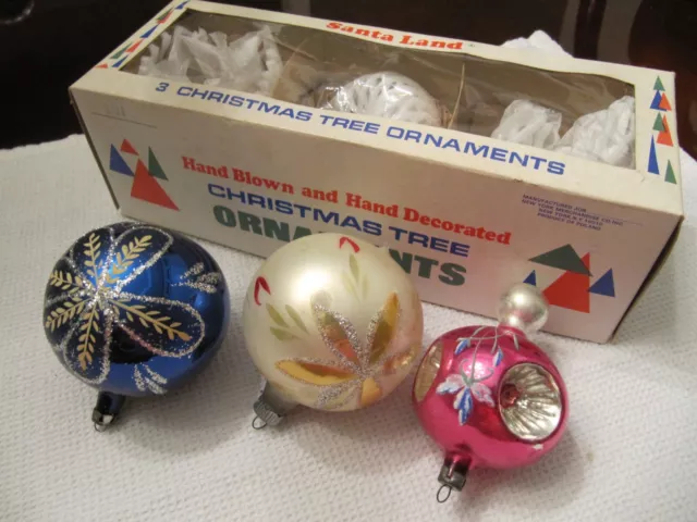 3 POLAND Vintage Hand Blown & Painted Glass Triple Indent Christmas Ornaments