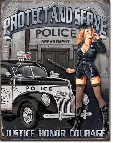 Police Dept - Protect & Serve - Metal Tin Sign - Pin-Up Girl - Garage - Bar -