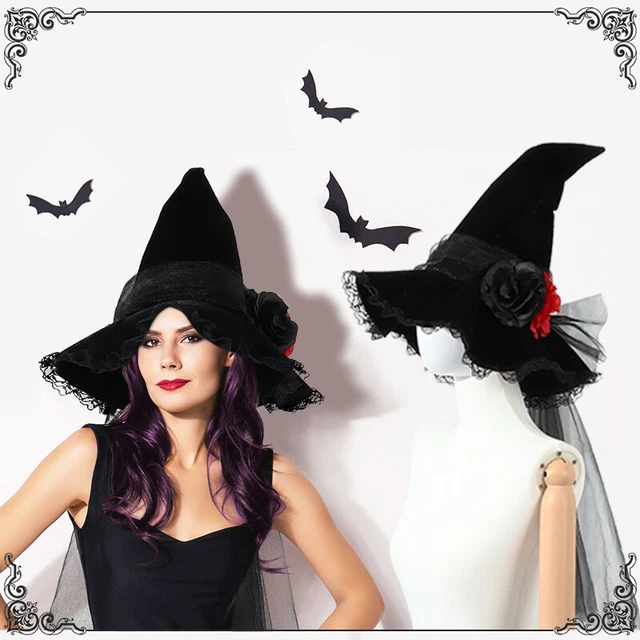 HALLOWEEN BAROQUE WITCH Hat Goth Queen Mesh Simulated Flower Dress Up