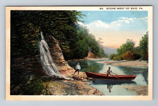 Erie PA-Pennsylvania, Scenic View, Boat, Waterfall, Vintage Postcard