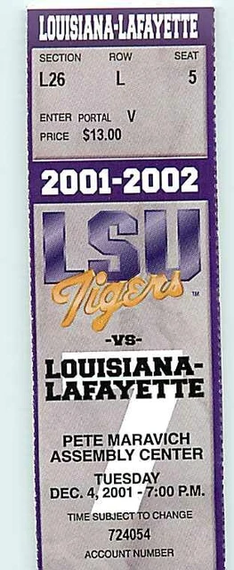 Ticket College Basketball Louisiana-Lafayette 2001 - 02  12.4 - LSU Tigers