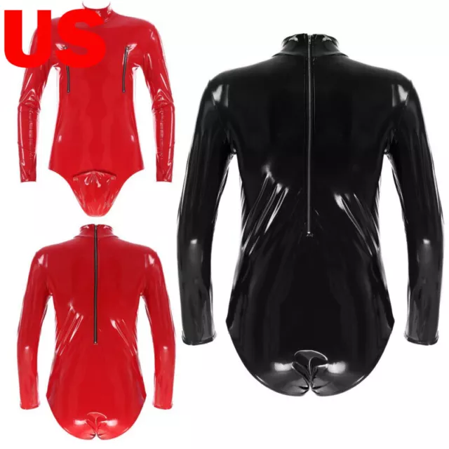 US MENS PU Leather Bodysuit Zipper Overall Catsuit Long Sleeve Leotard ...