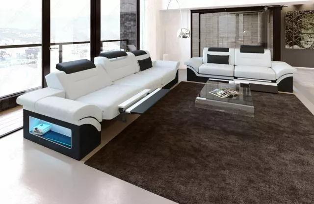 Ledercouch Sofagarnitur Luxus MONZA 3-2er Weiß Ledersofa LED Couch Designersofa