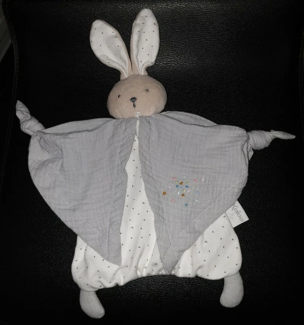 Com Neuf - Doudou plat kaloo coton bio lapin gris lange blanc pois noir