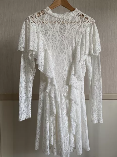 NWT Free People Victorian White High Neck Lace Crochet Ruffle Mini Dress Small