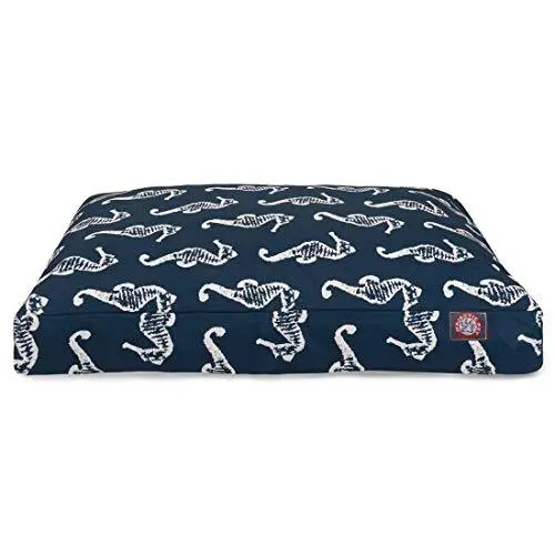 Navy Sea Horse Medium Rectangle Indoor Outdoor Pet Dog Bed With Removable Was...