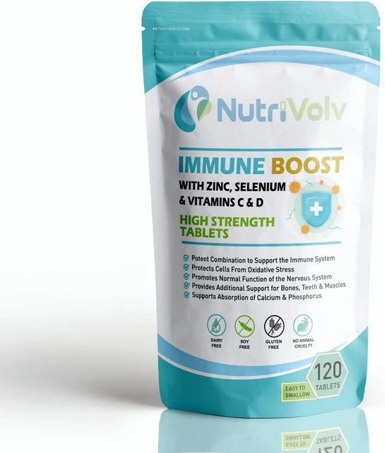 Supplement product illustration highlighting a multi-nutrient immune formula featuring vitamin D3 and zinc