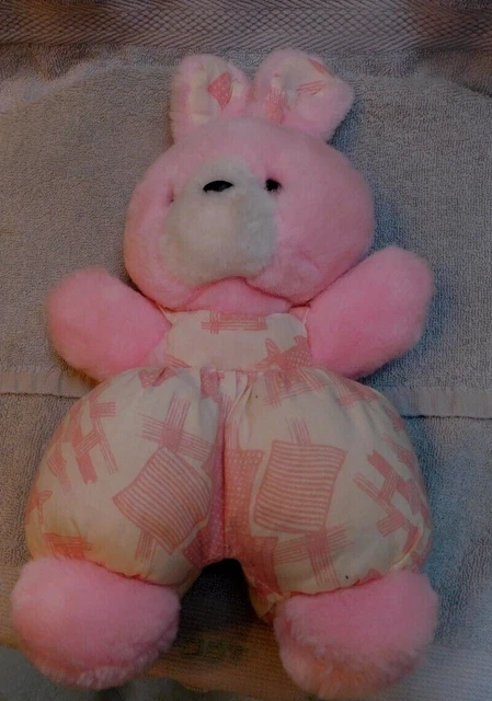 Doudou Peluche Vintage Lapin Rose Blanc Grelot Nounours Tissu Imprime Tbe