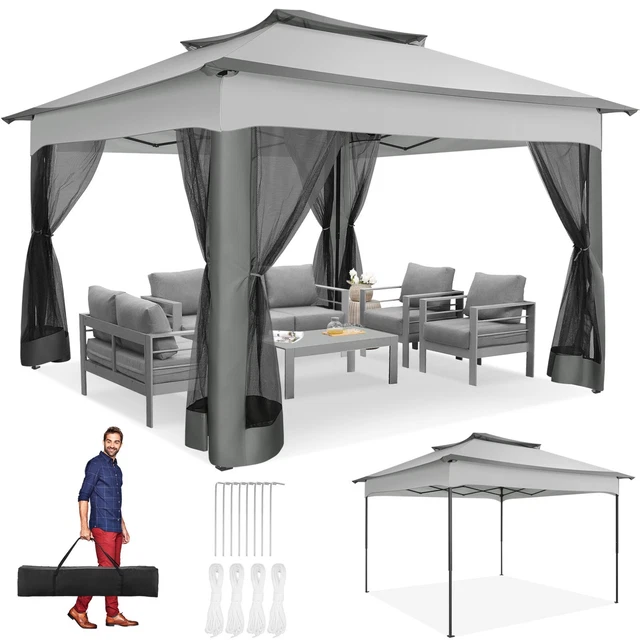 3,3x3,3m Pop Up Pavillon Faltpavillon Gartenzelt Gazebo mit 4 Moskitonetz Grau